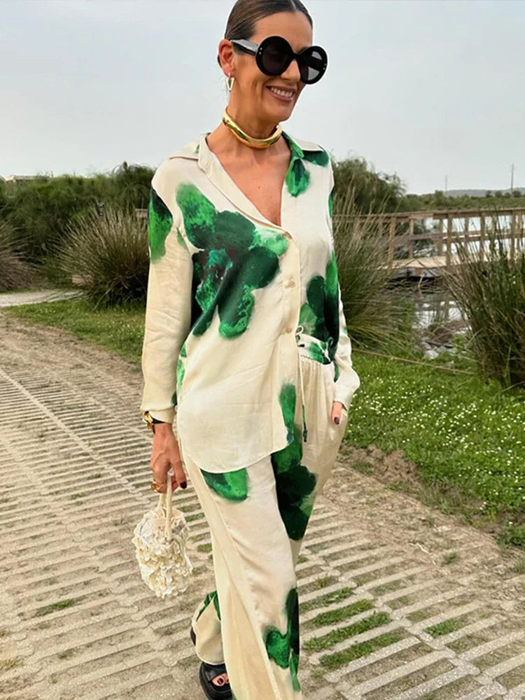 Printed Women Piece Set Loose Lapel Single Breasted