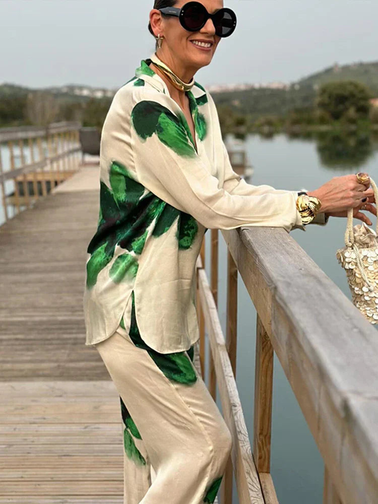 Printed Women Piece Set Loose Lapel Single Breasted