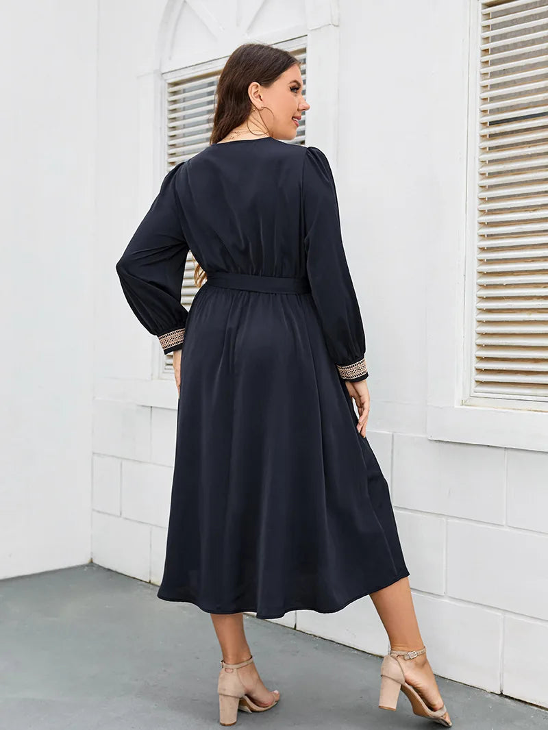 Women Dress V Neck Long Sleeves Robe Waist