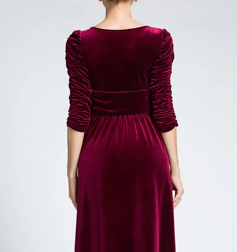 Women Clothing Long Dress Velvet Autumn V-Neck Evening
