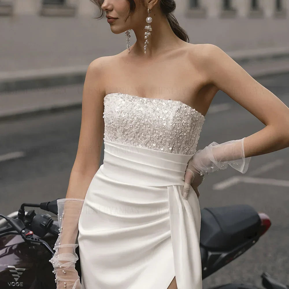 Satin Mermaid Wedding Dresses Sequin Beading Long Wedding