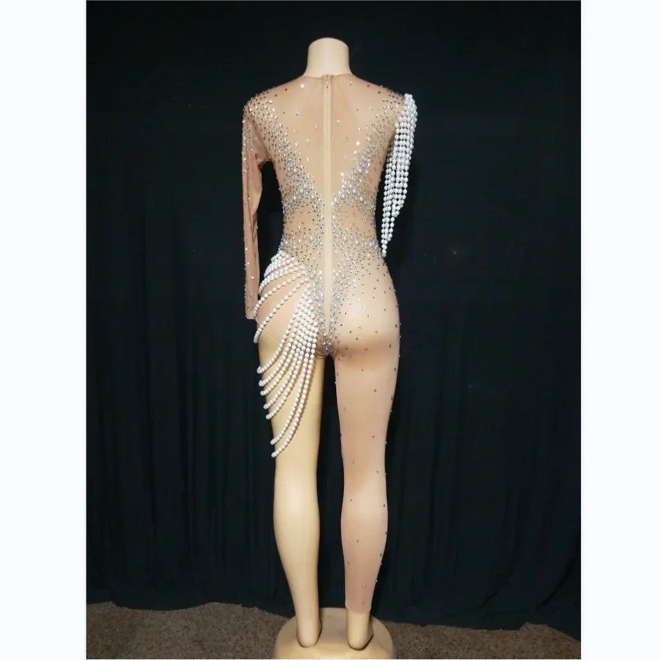 See Through Jumpsuits Women Pearl Rhinestone Gogo Dancer