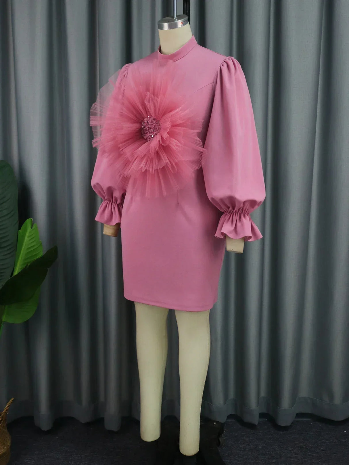 Women' Pink Mini Dress With Big Rose Flower