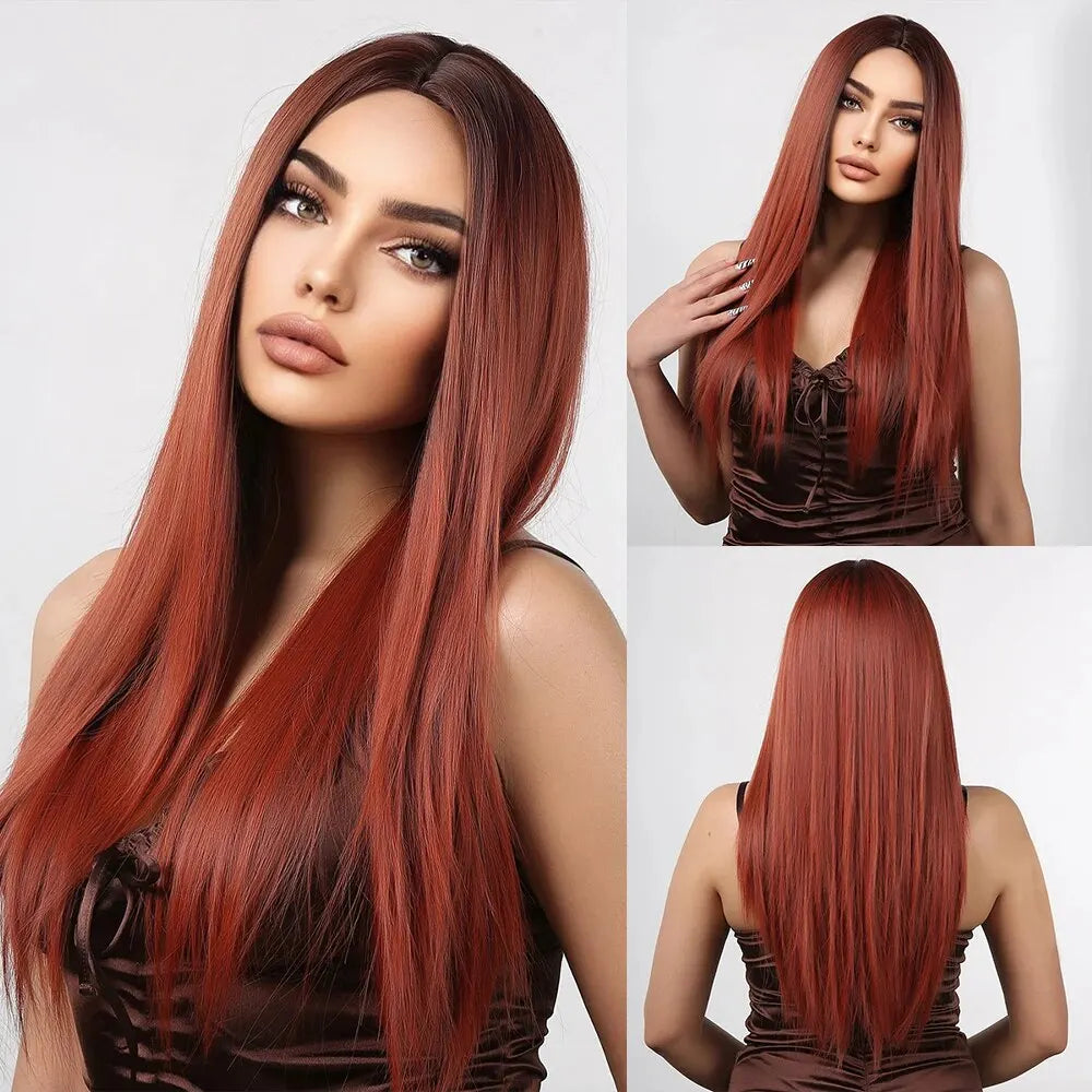 Natural Black Long Straight Synthetic Women Wigs Middle