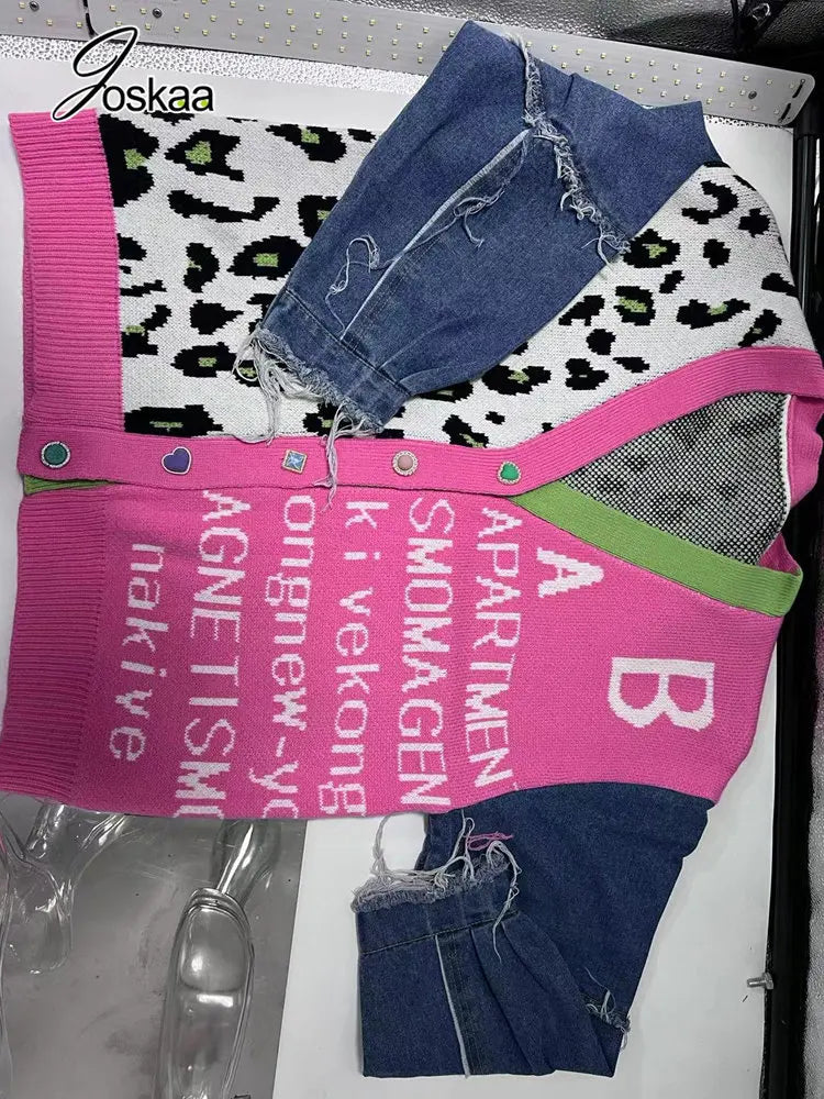 Joskaa Women Knitted Oversized Sweaters Denim Patchwork Leopard