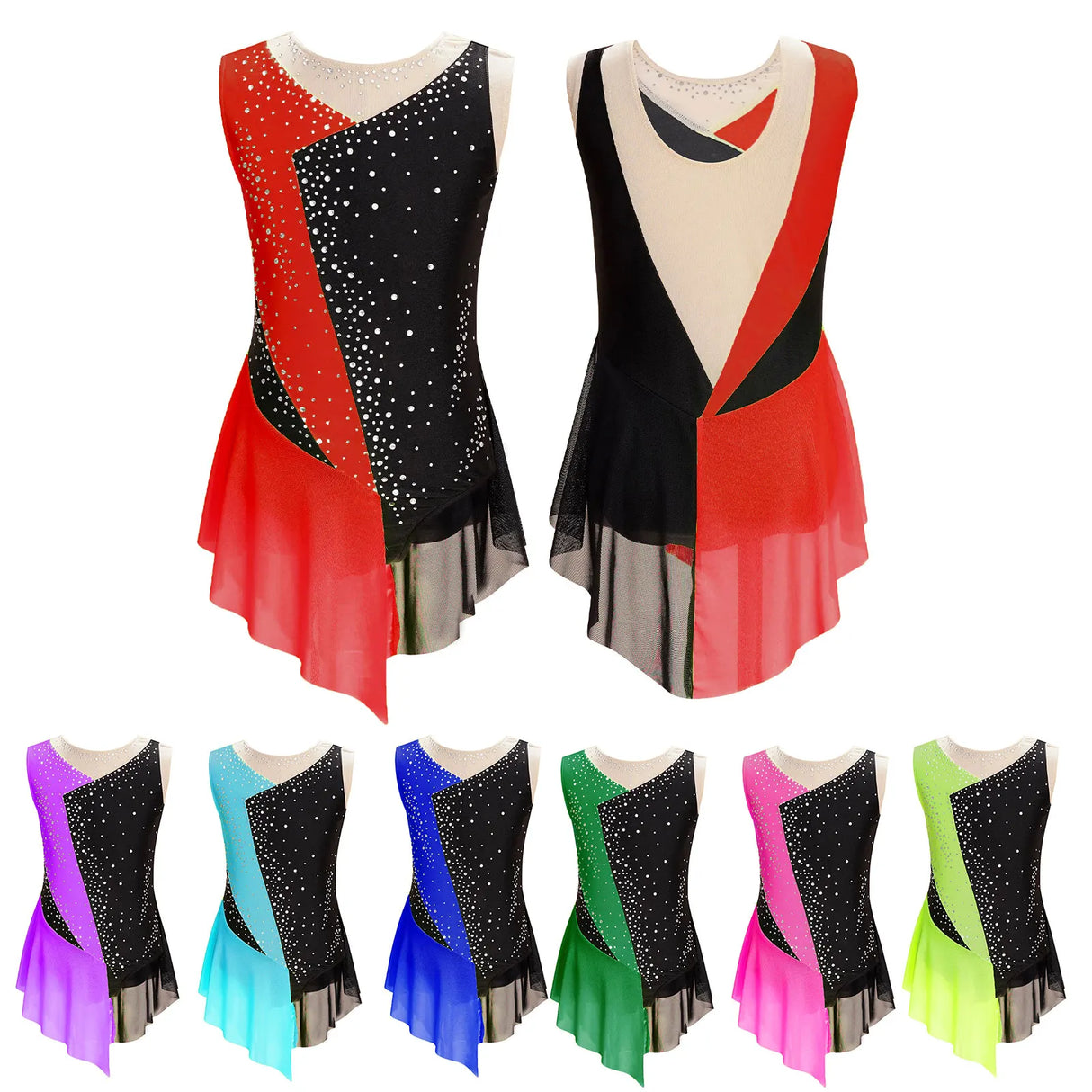 Kids Girls Figure Skating Dress Shiny Rhinestone Sheer