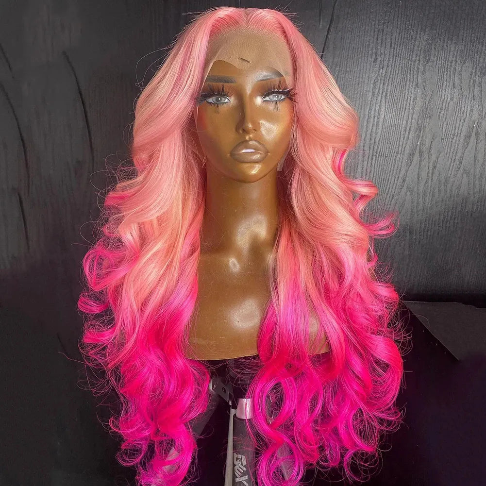 Ombre Pink Color Transparent Synthetic Lace Front Wig