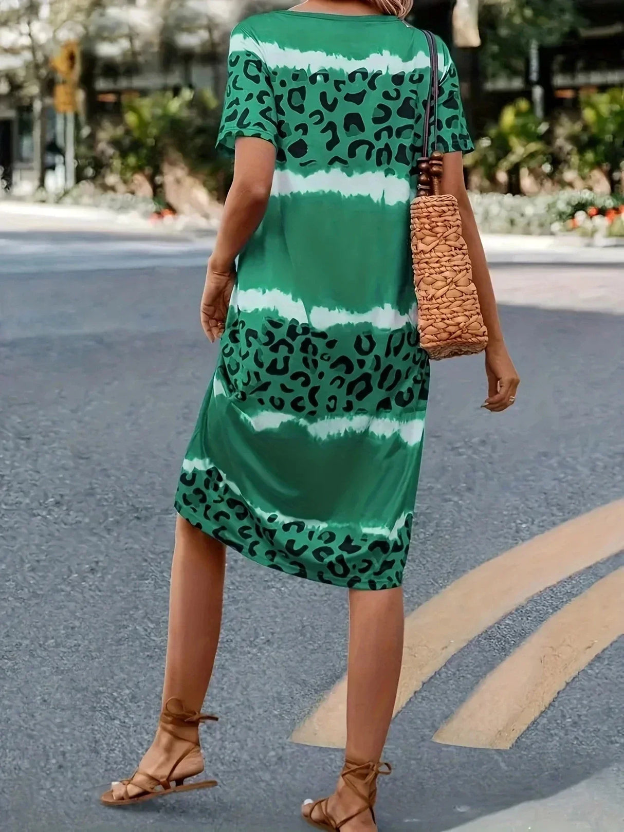 Women' Casual Dress Dye Leopard Short Sleeve V