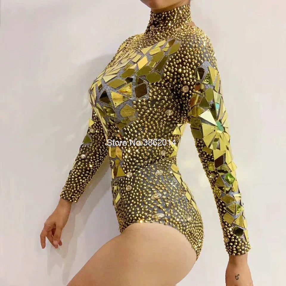 Shining Gold Rhinestones Mirrors Bodysuit Women' Birthday Celebrate