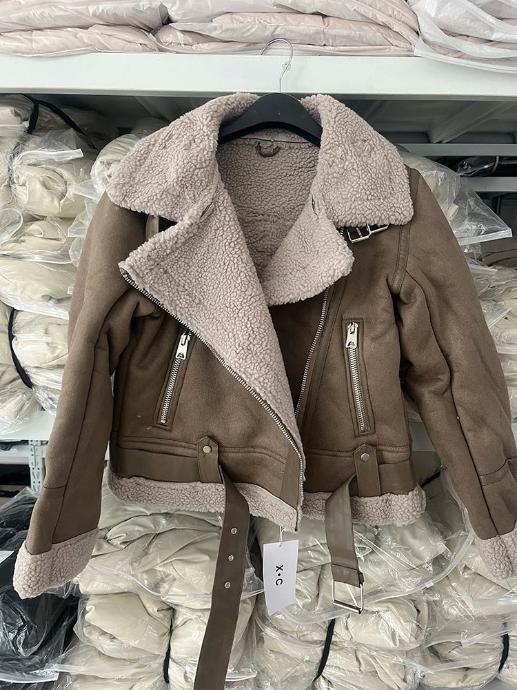 Winter Women Faux Shearling Sheepskin Leather Jackets Outwear