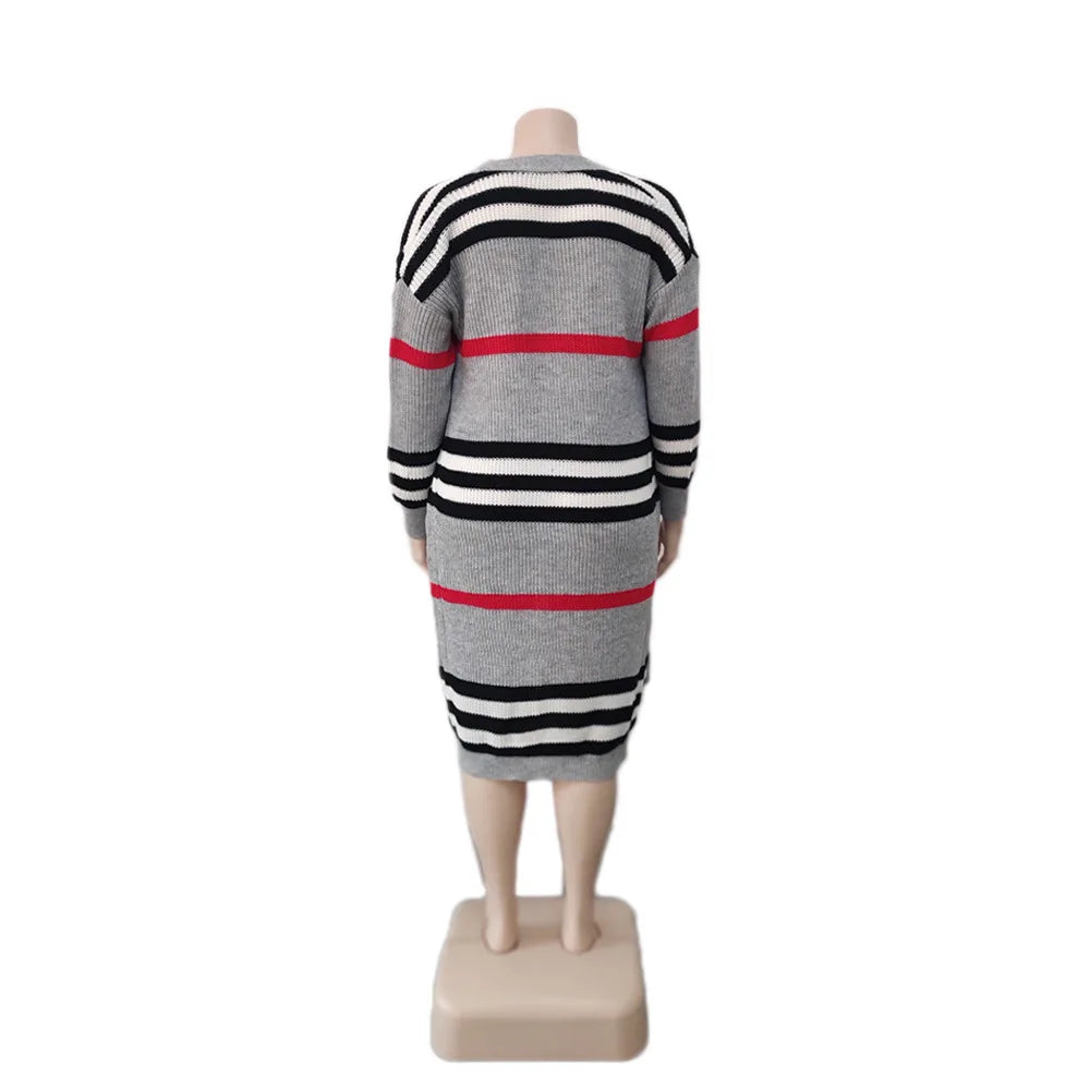 Plus Coat Dropped Shoulder Striped Loose Cardigan
