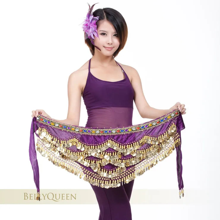 Multi-Colored Belly Dance Belt - Silk Scarf with Crystal Accents