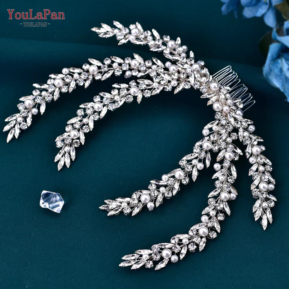 Youlapan Rhinestone Pearl Headpiece With Comb Bridal Headwear