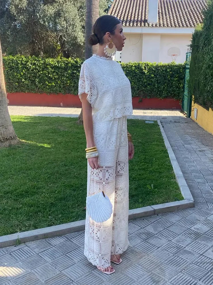 Retro Hollow Out Women'S Lace Loose Straight Pants