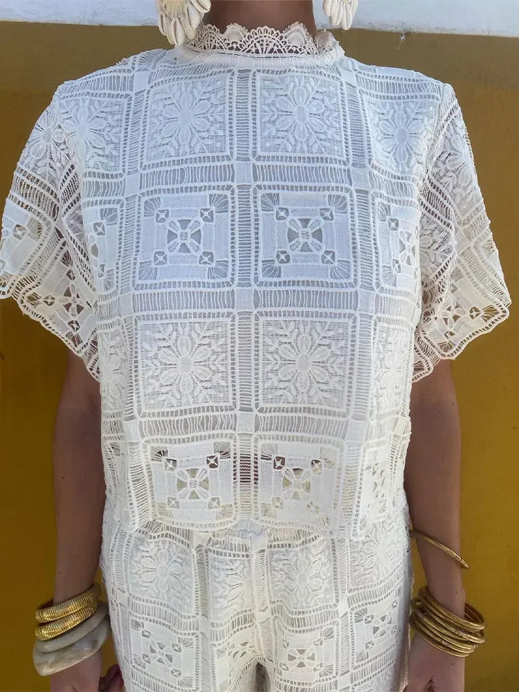 Retro Hollow Out Women'S Lace Loose Straight Pants