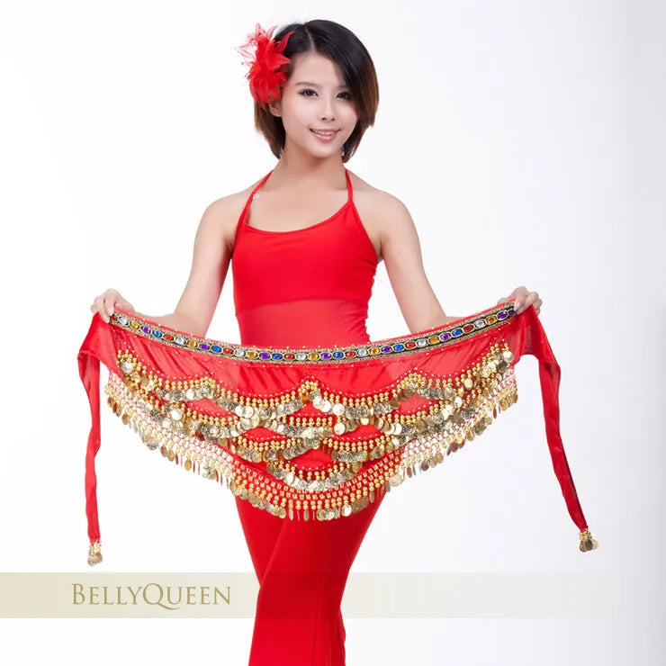 Multi-Colored Belly Dance Belt - Silk Scarf with Crystal Accents