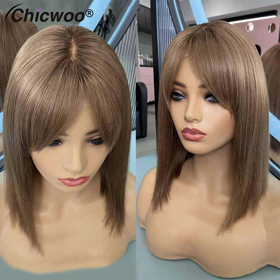 Ash Brown Short Bob Wig With Bangs Colored