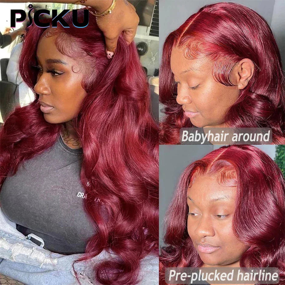 Red Lace Front Human Hair Wigs Burgundy