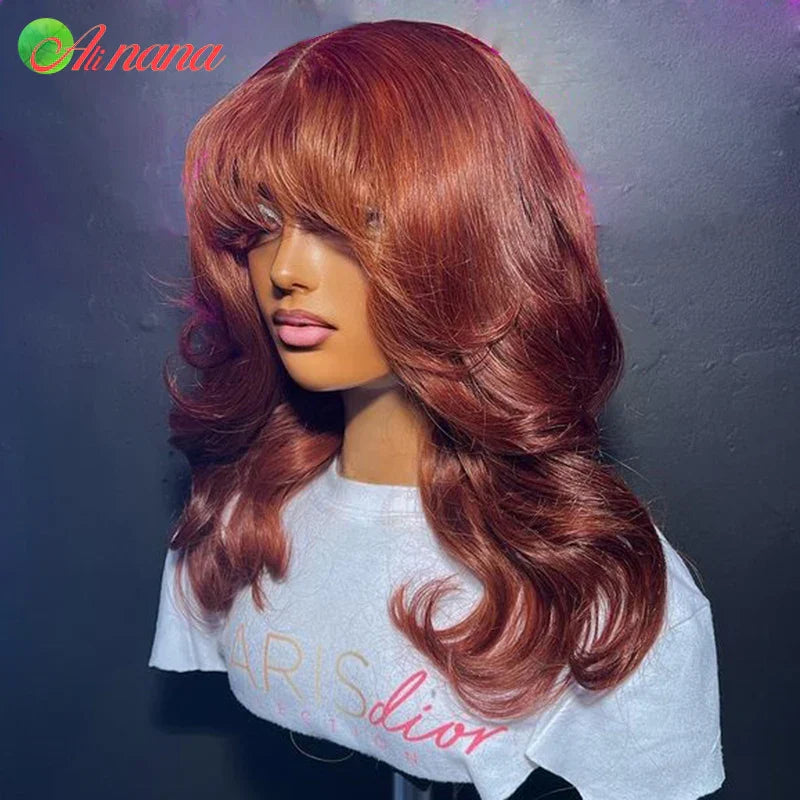 Reddish Brown Color Body Wave With Bangs