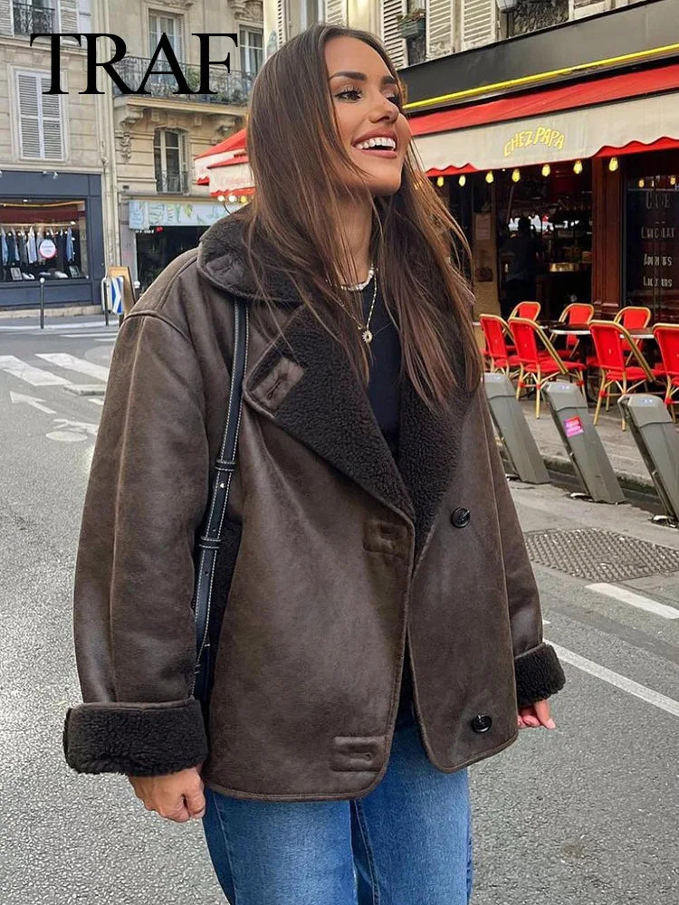 Traf Winter Women Warm Jacket Vintage Casual Solid