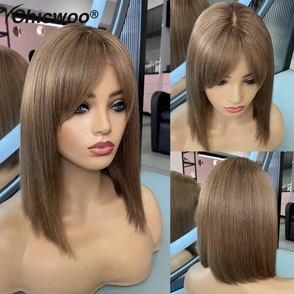 Ash Brown Short Bob Wig With Bangs Colored