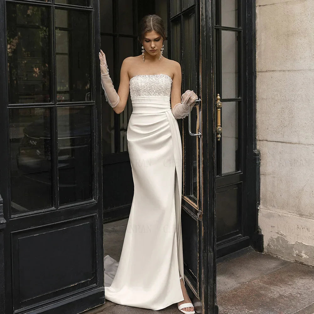 Satin Mermaid Wedding Dresses Sequin Beading Long Wedding