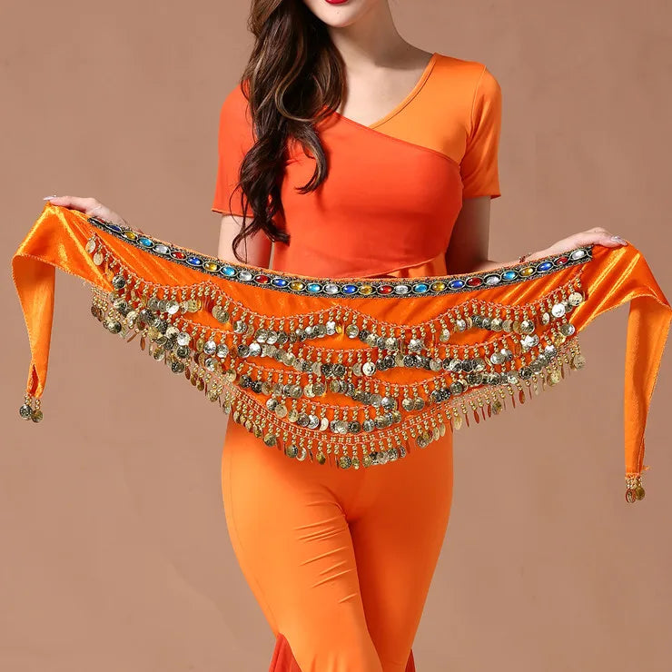 Multi-Colored Belly Dance Belt - Silk Scarf with Crystal Accents