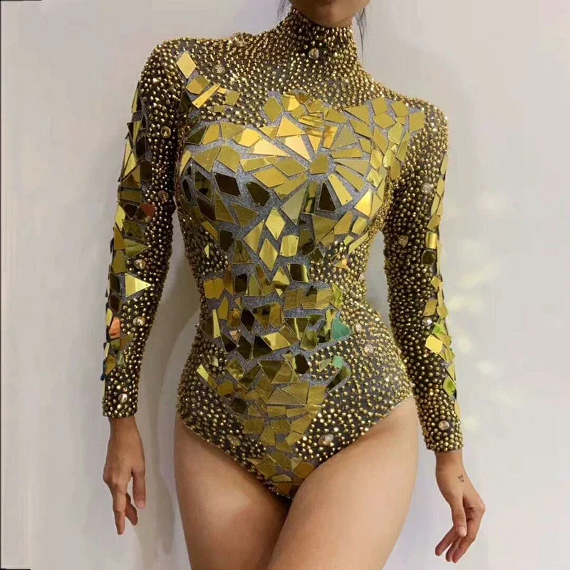 Shining Gold Rhinestones Mirrors Bodysuit Women' Birthday Celebrate