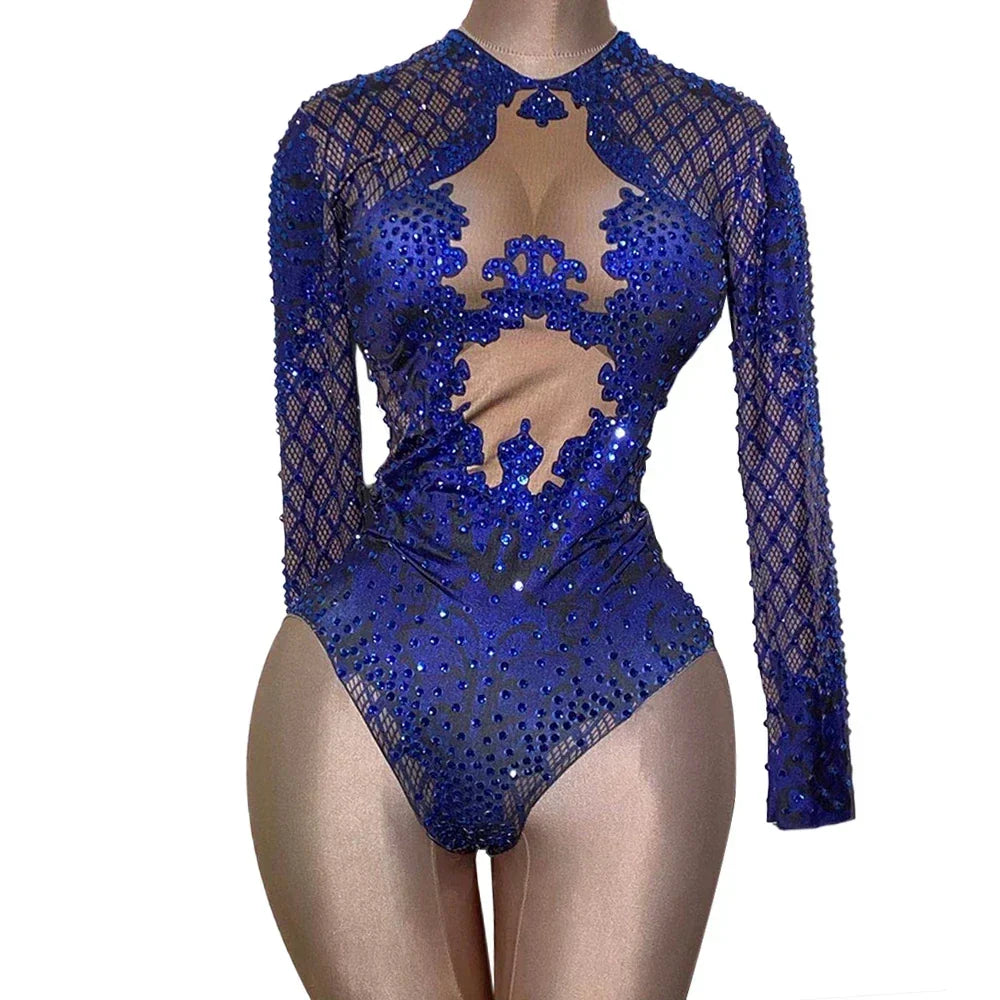 Sexy Blue Print Rhinestone Dancer Bodysuit Women Long