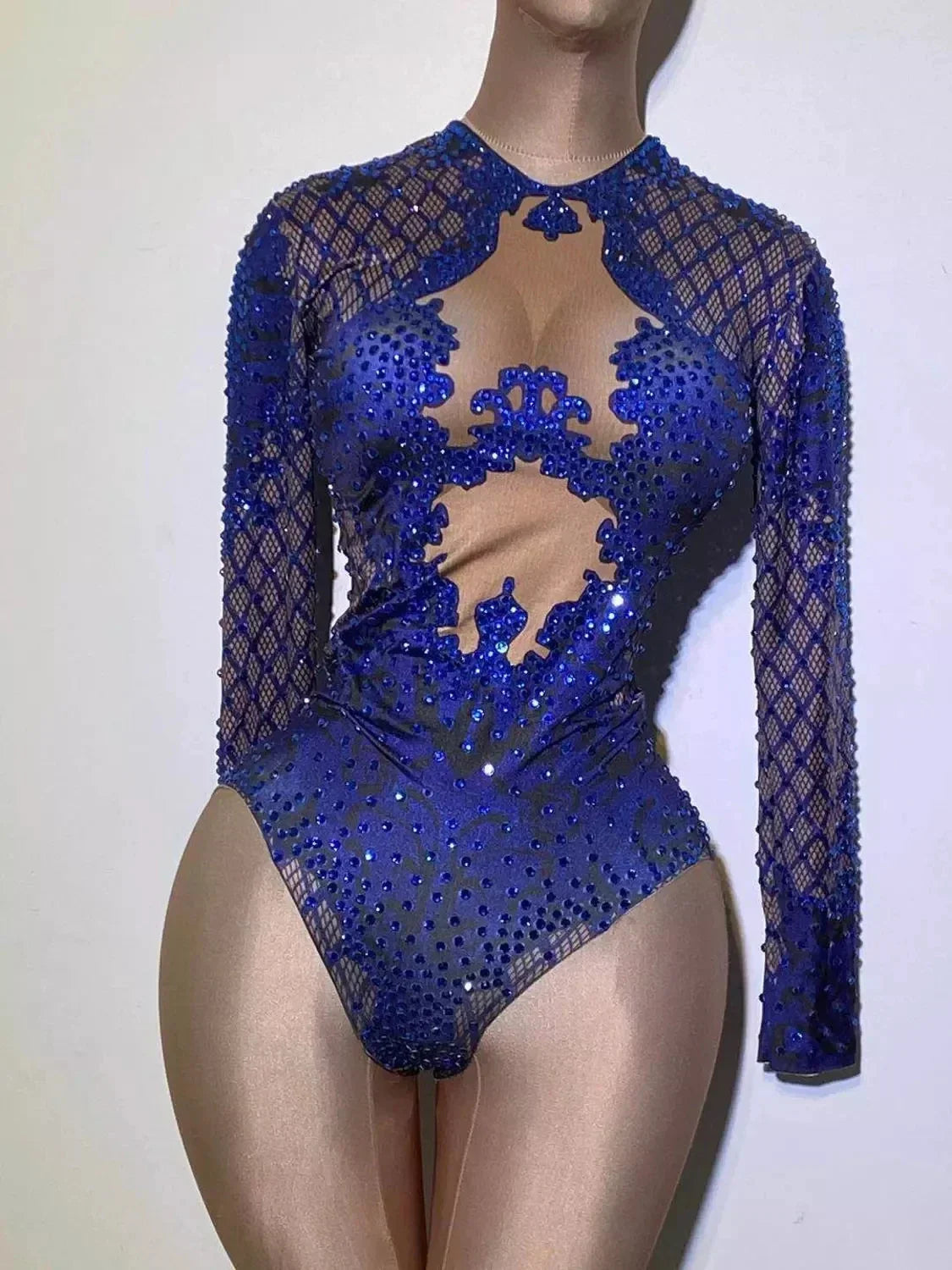 Sexy Blue Print Rhinestone Dancer Bodysuit Women Long