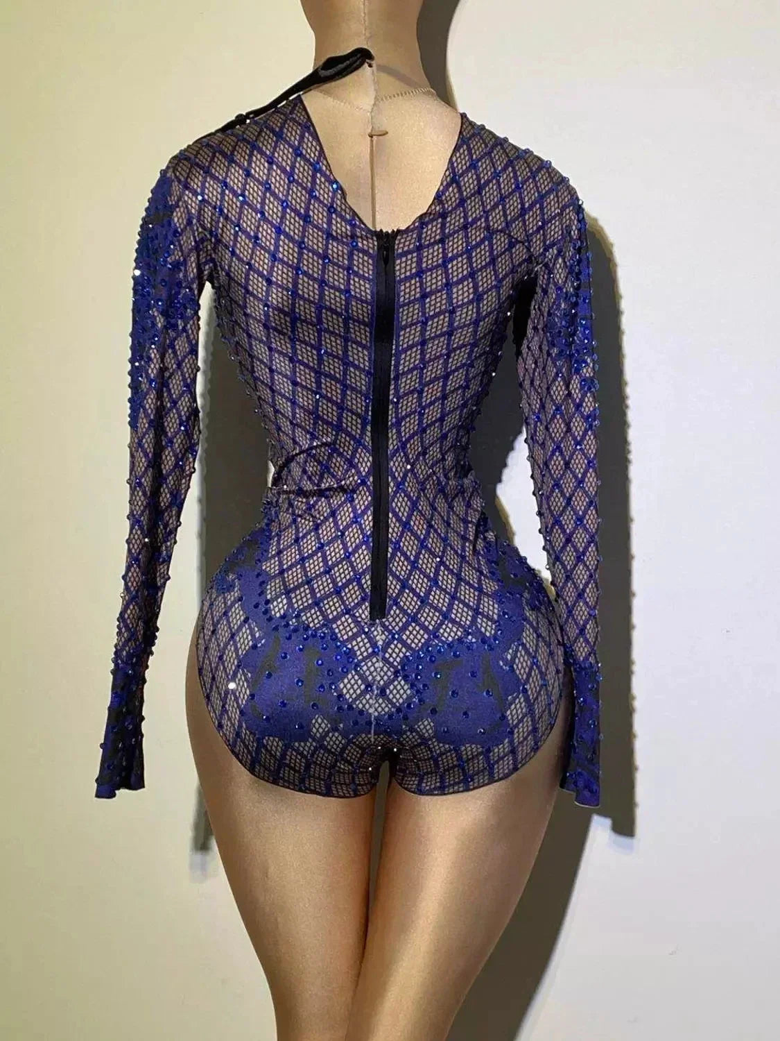 Sexy Blue Print Rhinestone Dancer Bodysuit Women Long