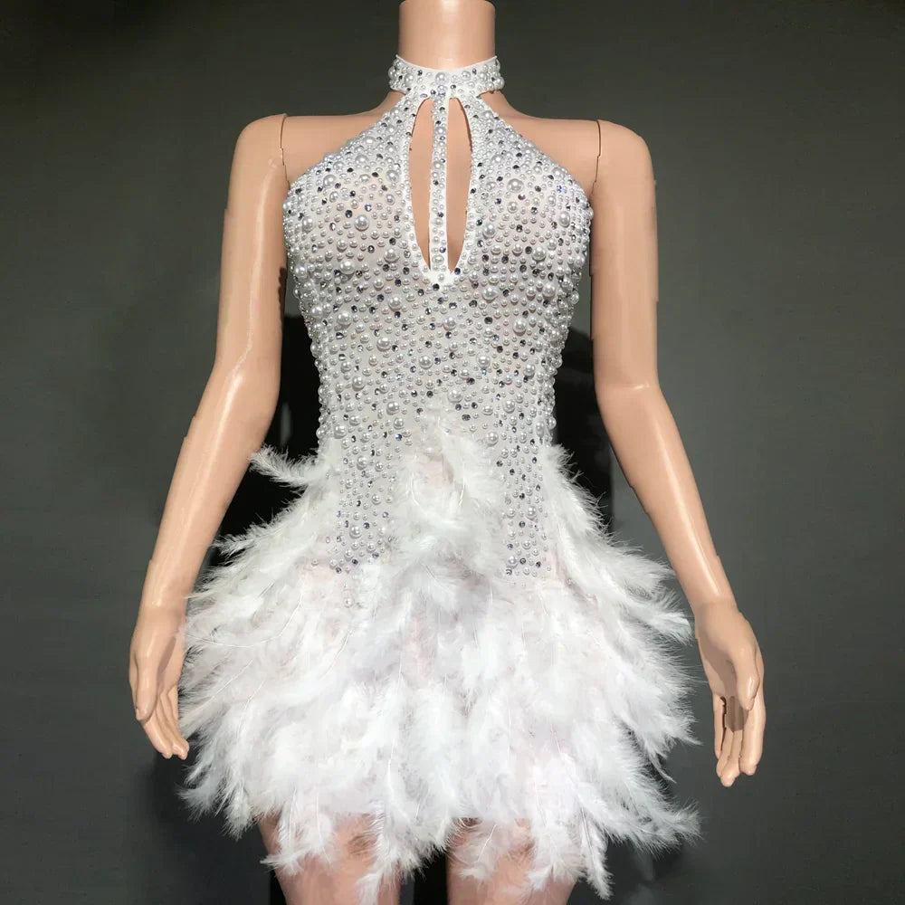 Sexy Rhinestones Pearls Halter Backless Short White Feathers