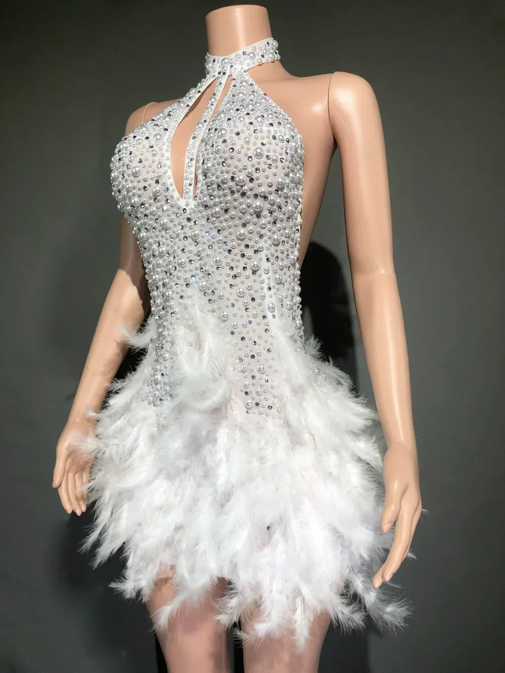 Sexy Rhinestones Pearls Halter Backless Short White Feathers