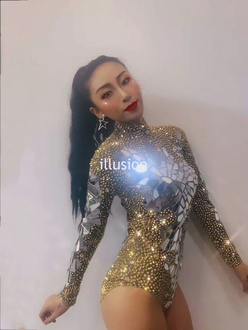 Shining Gold Rhinestones Mirrors Bodysuit Women' Birthday Celebrate