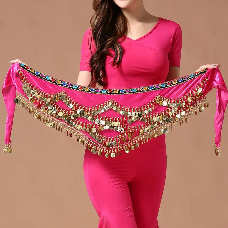 Multi-Colored Belly Dance Belt - Silk Scarf with Crystal Accents