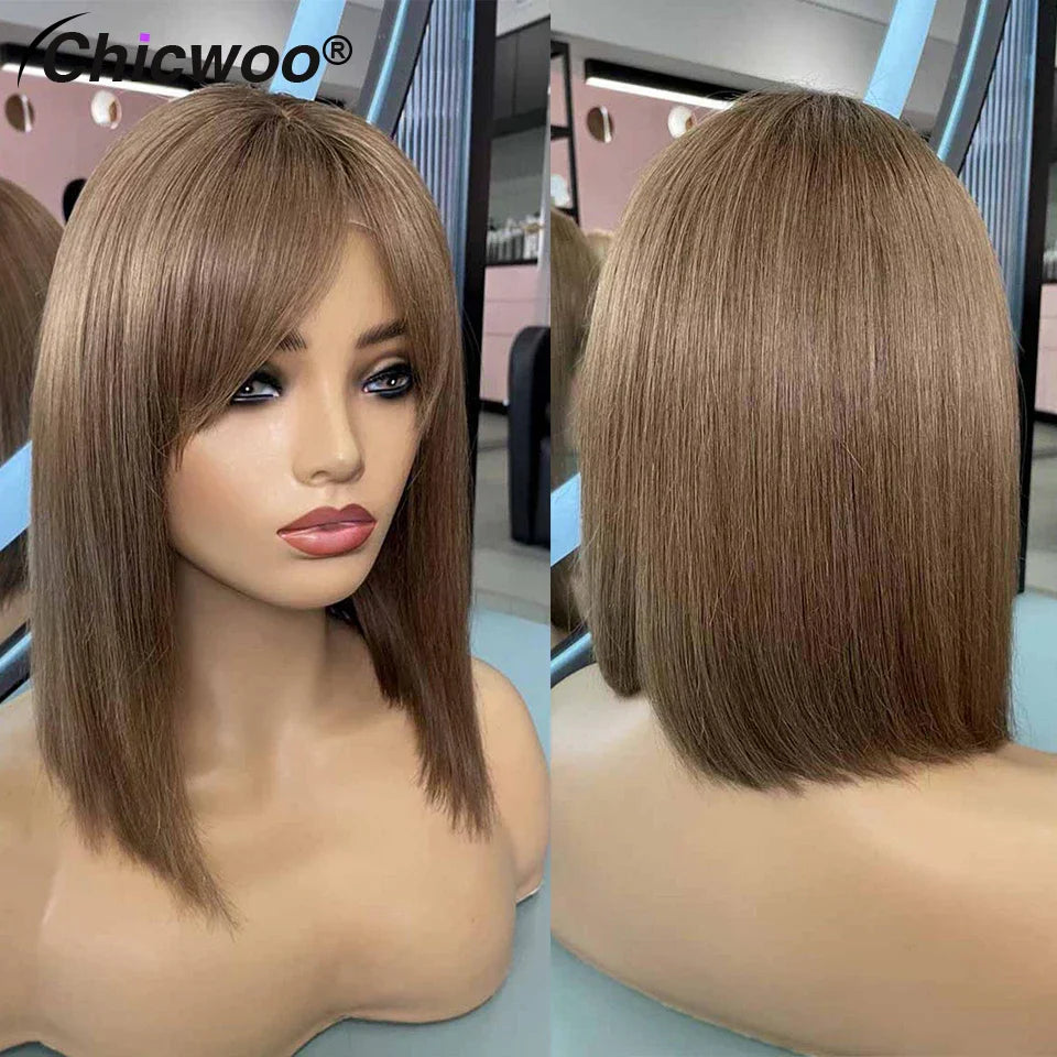Ash Brown Short Bob Wig With Bangs Colored