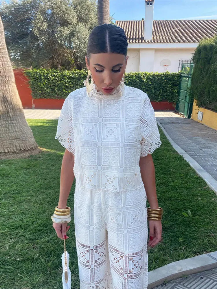 Retro Hollow Out Women'S Lace Loose Straight Pants