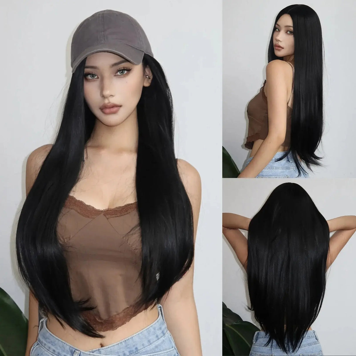 Natural Black Long Straight Synthetic Women Wigs Middle