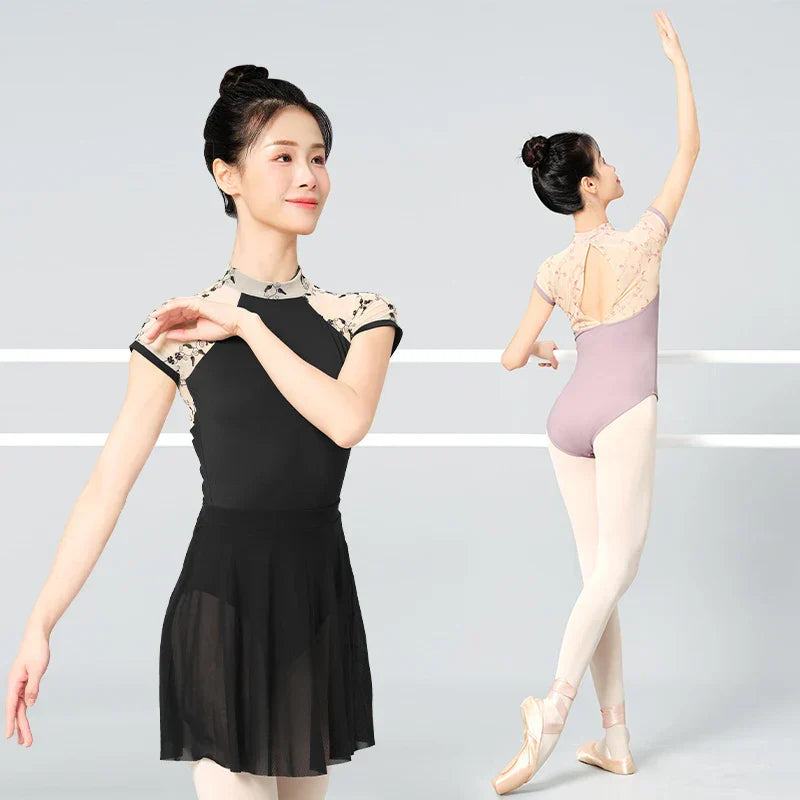 Women Ballet Leotards Stand Collar Embroidery Gymnastics Leotards