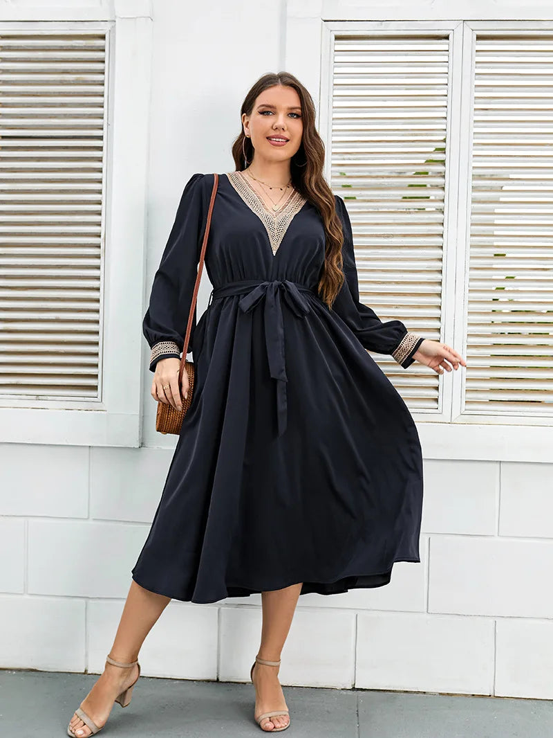 Women Dress V Neck Long Sleeves Robe Waist