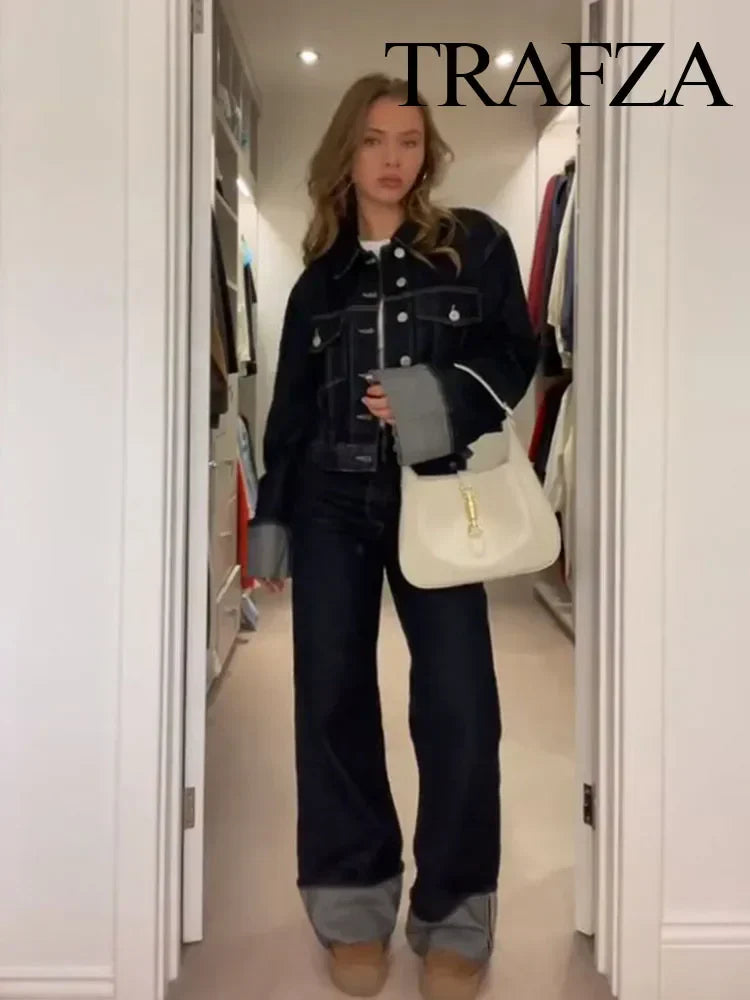 Trafza Autumn Fashion Woman Solid Denim Female Long