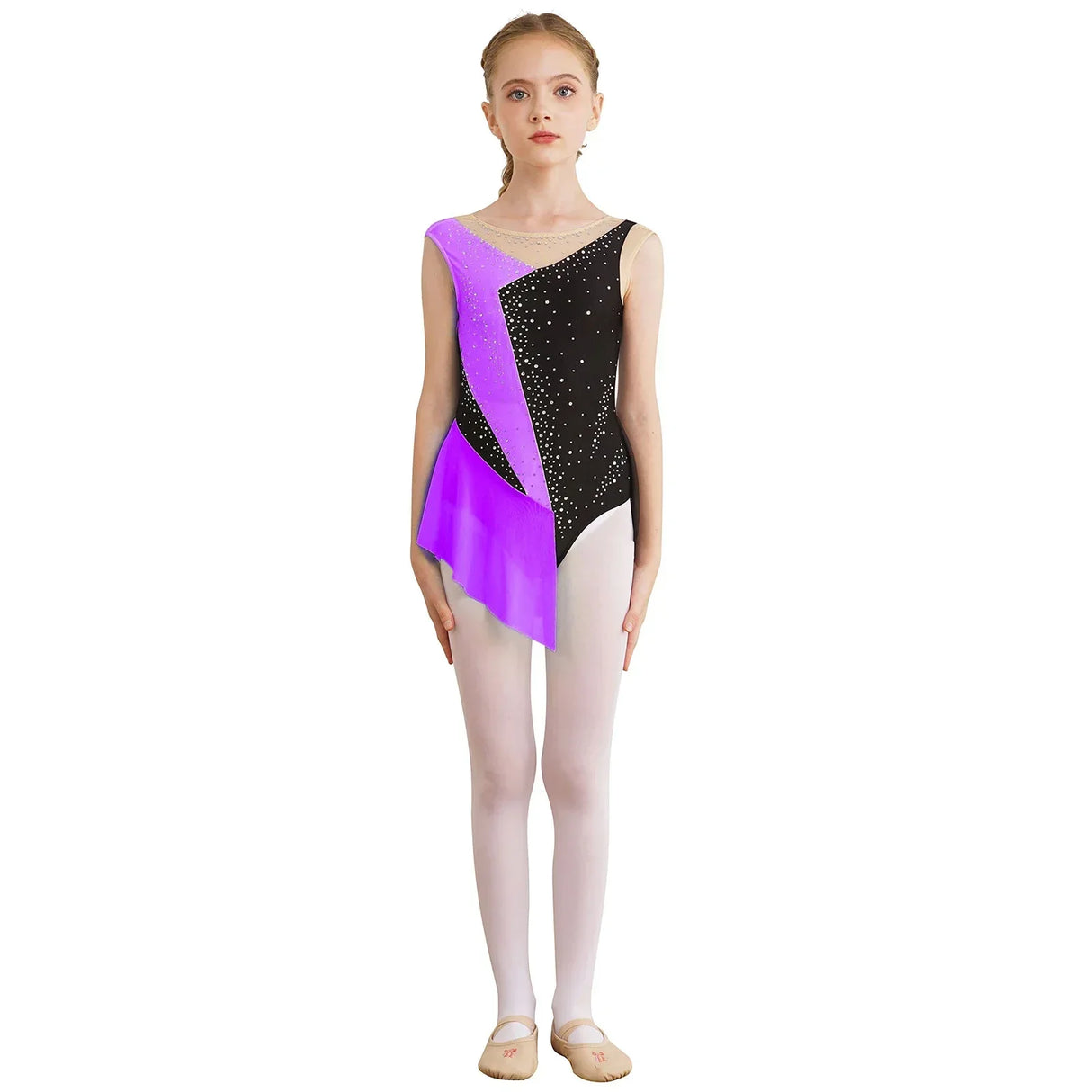Kids Girls Figure Skating Dress Shiny Rhinestone Sheer