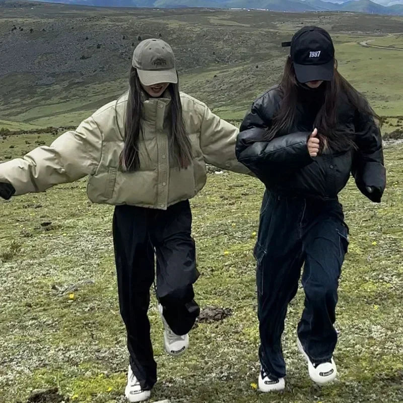 Short American Style Pu Leather Down Padded Jacket