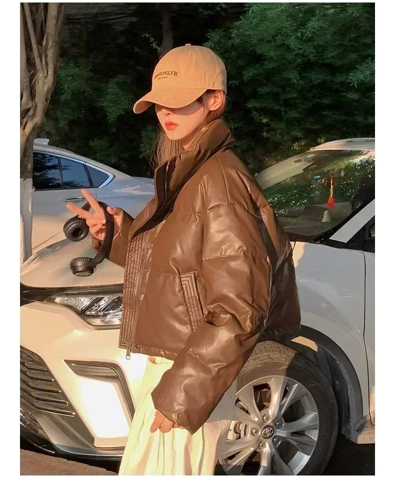 Short American Style Pu Leather Down Padded Jacket