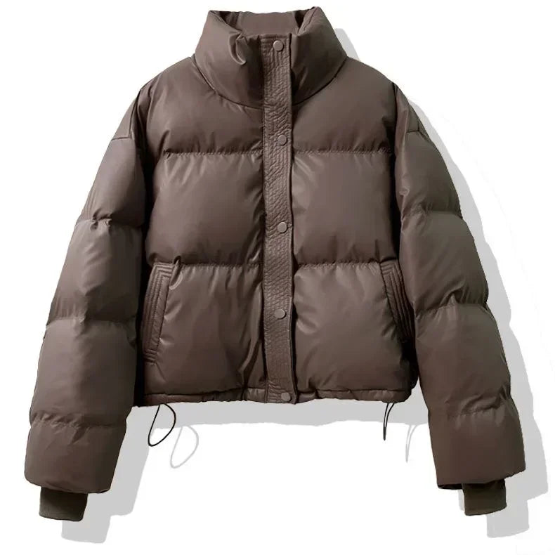 Short American Style Pu Leather Down Padded Jacket