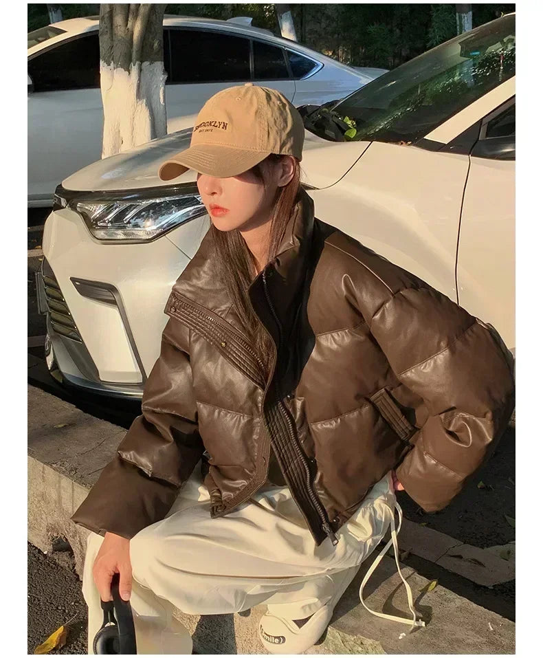Short American Style Pu Leather Down Padded Jacket