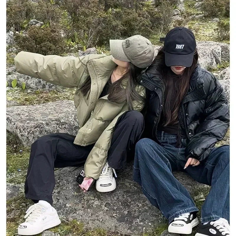 Short American Style Pu Leather Down Padded Jacket