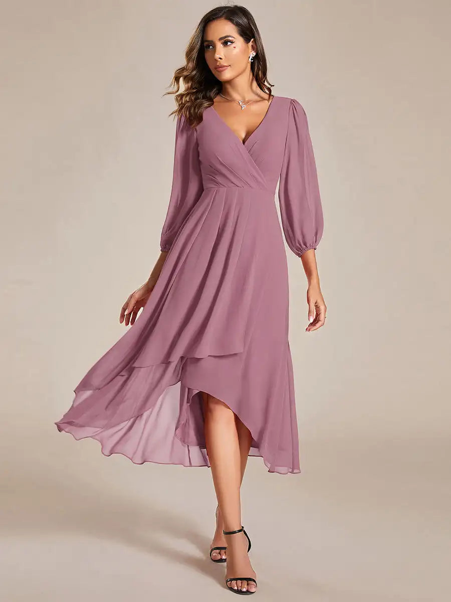 Simple Evening Dresses V-Neck Long Sleeves Pleated Ruffles