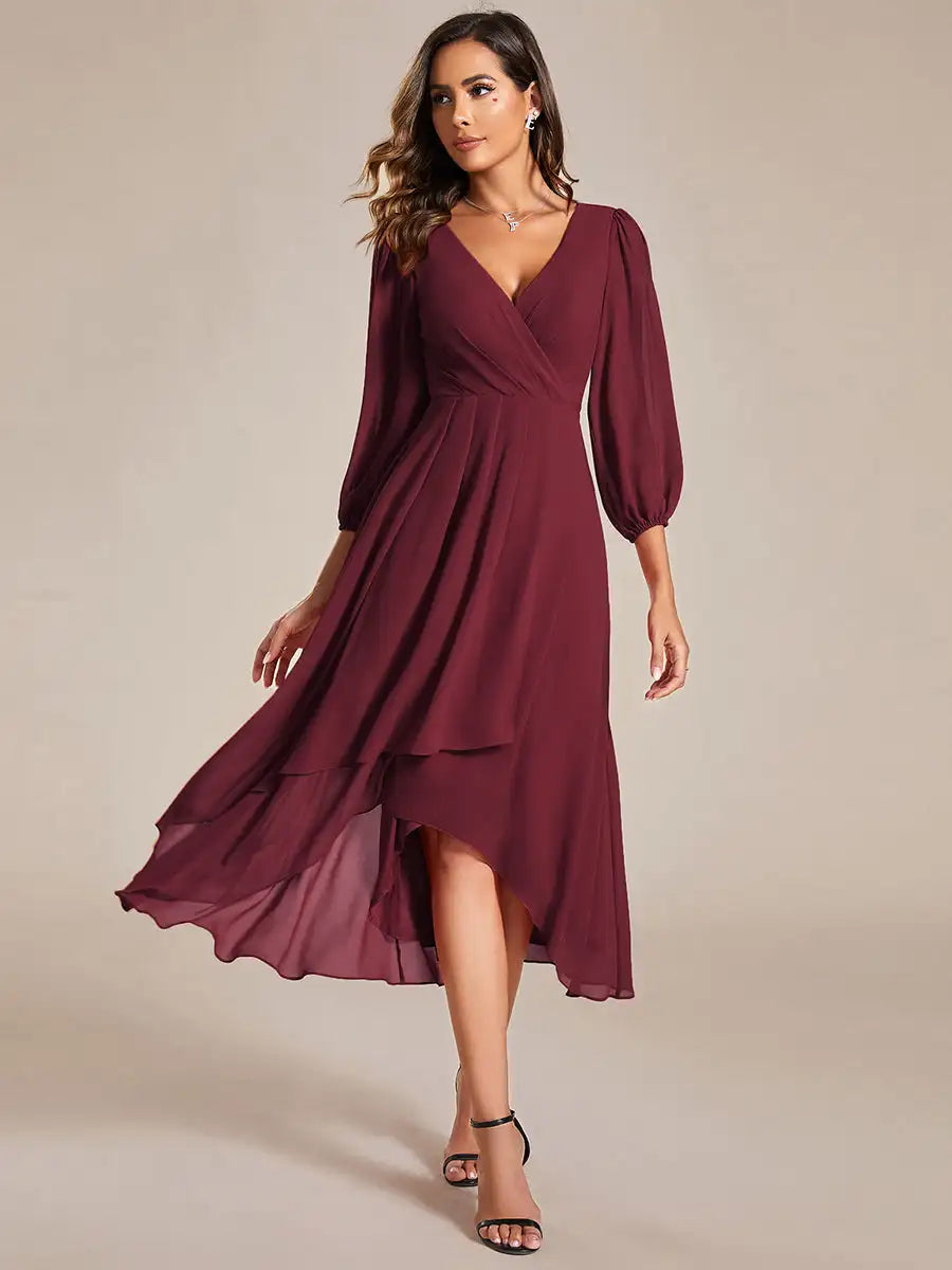 Simple Evening Dresses V-Neck Long Sleeves Pleated Ruffles