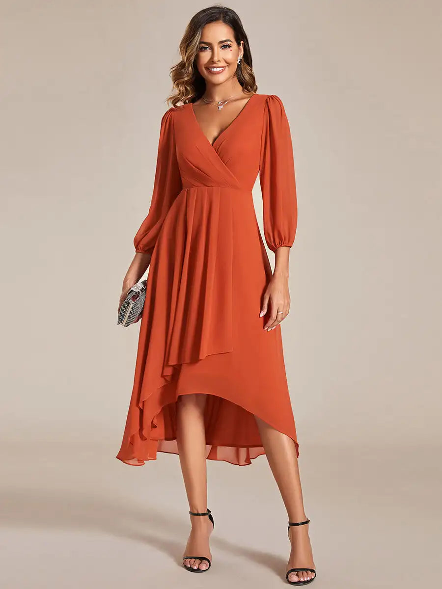 Simple Evening Dresses V-Neck Long Sleeves Pleated Ruffles